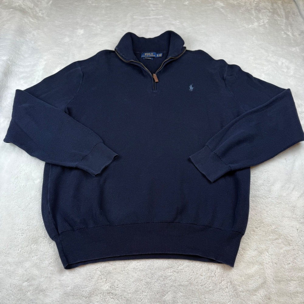Polo Ralph Lauren Pima Cotton Quarter Zip Sweater Mens XL Navy Blue‎